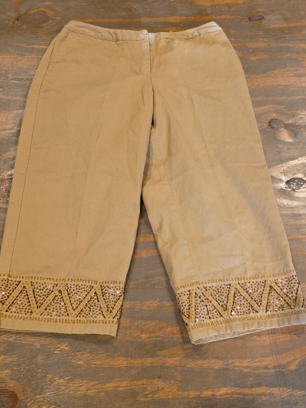 Petite Sophisticate Beige Beaded-Hem Capris